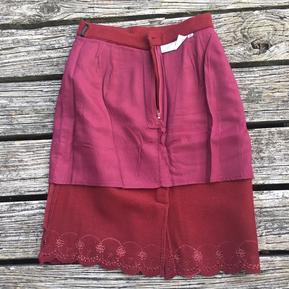 Vintage Burgundy Wool Skirt with Scallop Lace Hem - Picture 6 of 8